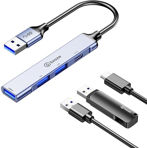 Biaze Hub USB 3.0 de 4 puertos con adaptador de alimentación dedicado tipo C de 5 V/2 A | Fuente de alimentación externa estable | Hub 4 en 1 de alta velocidad para portátiles, computadoras de