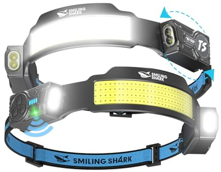 Smiling Shark Linterna Frontal, 2 Piezas Brillante Linternas Cabeza LED Recargable con 4 Haz Ancho & Foco Ajustable Sensor de Movimiento 5 Modos 2400 mAh Lámpara Cabeza para Ciclismo Pesca Camping