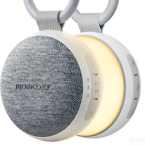 Momcozy WN06 Rumori Bianchi per Neonato Portatile, Regalo Neonato, Grigio | 20 Suoni, Luce Notturna, Portatile con anello, Bluetooth, timer, blocco sicurezza, USB-C e fino a 10 ore di riproduzione