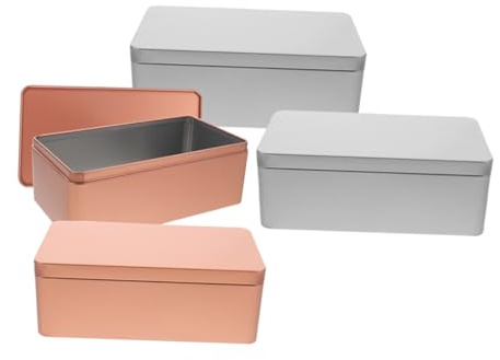 Mikikit Cajas de Hojalata Rectangulares para Té y Snacks, Juego de 4 Unidades (2 Doradas y 2 Plateadas), Tamaño Pequeño, Acero Metálico Resistente, Aptas para Almacenar Alimentos Secos