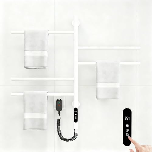 QJHSSM Scaldasalviette Elettrico Bagno 180°Girevole, Portasciugamani Girevole 5 Barre, Termosifone Porta Asciugamani Bagno in Acciaio Inossidabile con Timer-White
