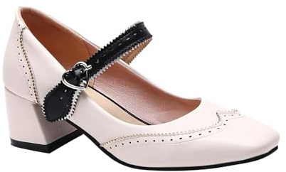 Stiletto Donna con Tacco Blocco Pumps Bride Caviglia Antiscivolo Fibbia Regolabile Bianco Scarpa Confortevole Punta Chiusa per Matrimoni Feste, beige, 37 EU