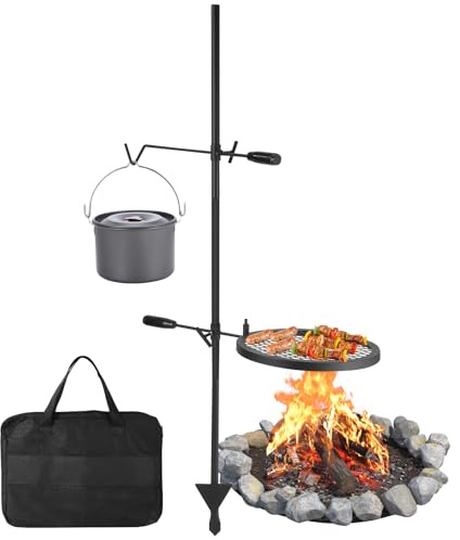 FinerFurnis 13.4''x13.4'' Swivel Campfire Grill, Heavy Duty Over Fire Pit Camping Grill with Carry Bag, Height Adjustable Camp Fire Racks for Outdoor BBQ, Picnics & Backyard Grilling