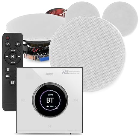 Power Dynamics Powerline Bluetooth Ceiling Speaker System – 4x 5.25” Low Profile Ceiling Speakers, In-Wall Amplifier with LCD, Bluetooth & Multi-Source, 4x 10m White Cable Kit – Home Audio Solution