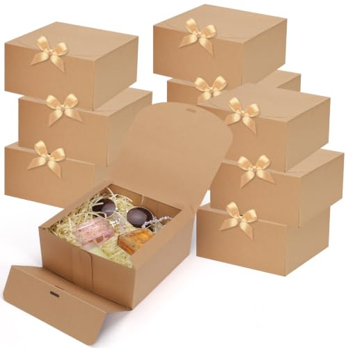 SDBYING Geschenkbox mit Deckel 20 x 20 x 10 cm Geschenkschachtel Braune | Geschenkbox mit Schleifenband 10 Stück Geschenkboxen für Hochzeit Geburtstag Weihnachten Party Geschenke Verpackung