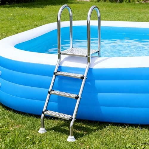 Above Ground Pool Ladder - Double-Sided Stainless Steel, Heavy Duty Anti-Slip Entry & Exit Ladder with Rotating Foot Pads, 3 Step