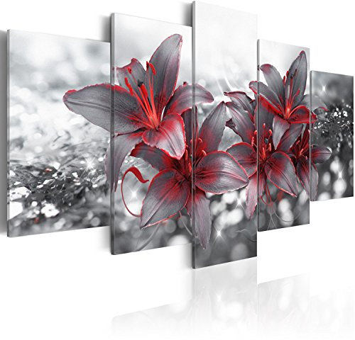 B&D XXL - Wandbilder XXL Abstrakt 200x100cm 5 tlg - Wand Deko Leinwand Bilder Groß Wanddeko Wohnzimmer Schlafzimmer Kunstdrucke - Blumen Lilien bokeh grau rot b-A-0300-b-n
