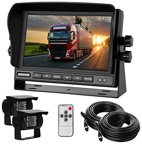 RV Backup Camera and Monitor Kit(12-24V) 7inch HD Monitor Reversing +2 Rear View Camera 170°Wide Angle,18IR Night Vision,Waterproof IP68，Dual Back up Camera for Truck/Trailer/Van/Camper/Vehicles.