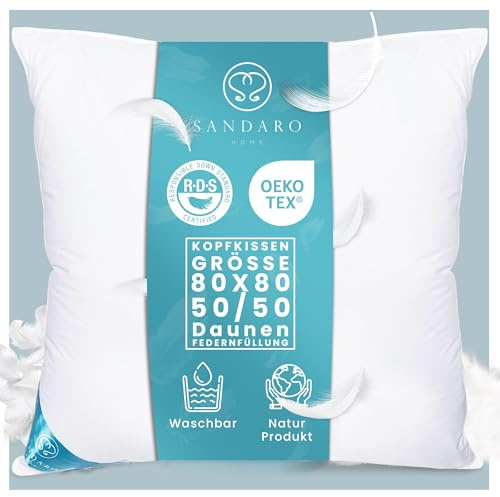 Sandaro Home 50% Daunen 50% Federkissen 80x80cm - Daunenkissen 80x80 Ultra Komfort, Ideale Mischung aus Daunen und Federn, Bezug aus 100% Reiner Baumwolle, Öko-Tex Zertifiziert- 1500 gr