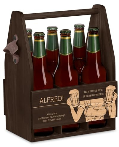 Maverton Murrano Bierträger für 6 Flaschen 0,5L mit Gravur | Männerhandtasche mit Flaschenöffner, Größe: 25x17x32cm, aus Holz, personaliserte Geschenke für Männer zum Geburtstag