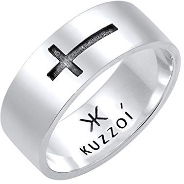 Kuzzoi Herrenring 8 mm Bandring Männer mit Kreuz Motiv 925 Silber | Breiter Silberring im kantigen Design Breiter Ring für Herren mit Kreuz oxidiert Ringgröße 60 - 66