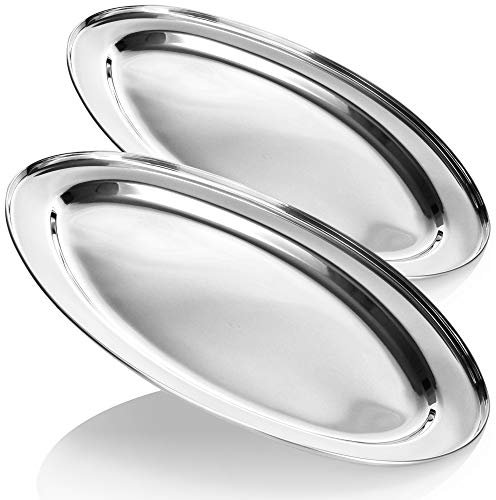 com-four® 2X Bandeja de Servir de Acero Inoxidable – Bandeja Ovalada para Servir y Decorar – Bandeja de Servir (45 x 29 cm, 2 Piezas)