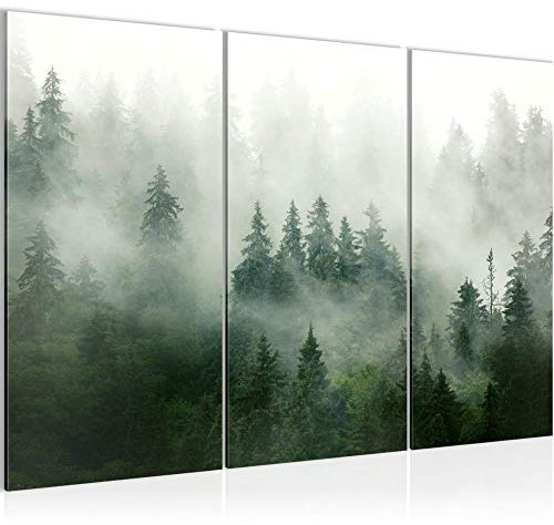 Runa Art Wandbilder Wald Natur Bild XXL Wohnzimmer Schlafzimmer Grün Grau Nebel 120 x 80 cm 3 Teilig 032331a