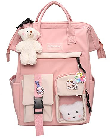 Cute Backpack with Plush Pendant, Kawaii School Supplies Laptop Bookbag, Back to School and Off to College Accessories, Pink, L, Traditional Backpacks