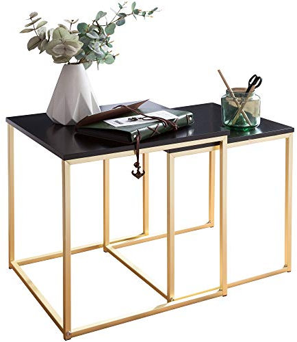 KADIMA DESIGN Couchtisch Set TRONTO: 2 Tische, Gold-Look, Metallgestell, Schwarze Glas/MDF-Platte, 40/35x42/39x40/35 cm Farbe: Gold