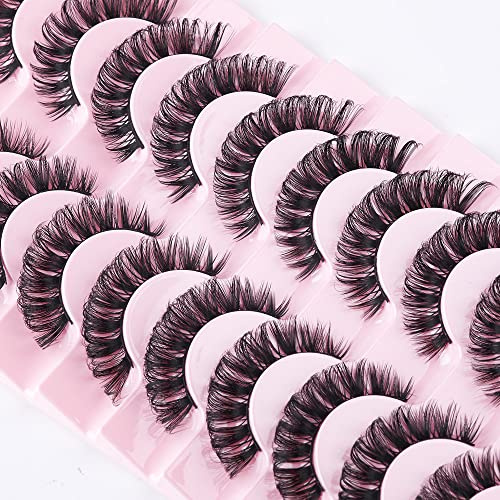 False Eyelashes Russian Strip Lashes Natural Fluffy Wispy D Curly 10 Pairs Reusable Fake Eyelashes Faux Mink Lashes Thick Short Soft Eyes Lash(#01)