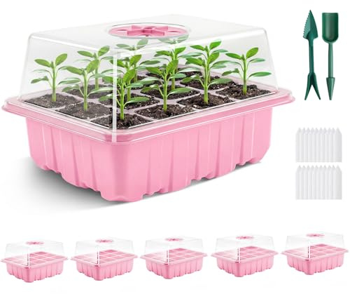 YAUNGEL Mini Serre pour Plantes, 6 Pièces 72 Cellules Intérieure Plateau Semis Bac à semis Pépinière Boîte de Culture avec Couvercle et Ventilation Durables, Rose