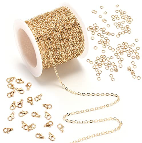 Modixun 10m Jewelry Making Chains, Necklace Chain Bracelet Chains, 2mm Thin Chain with 30Pcs Lobster Clasps and 100Pcs Open Jump Rings, Gold