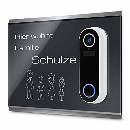 Modernes Klingel Schild für Hombli Smart Doorbell Türklingel - personalisiertes Türschild aus Edelstahl & Acrylglas | kompatibel mit Video Funk Klingel - Funkklingel Zubehör (24x20 cm)