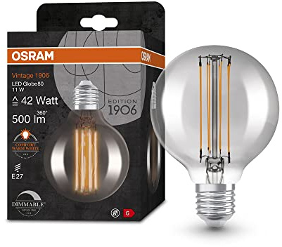 OSRAM Lamps Vintage 1906 LED-Lampe mit Smoke-Tönung, 11W, 500lm, Kugel-Form mit 80mm Durchmesser&E27-Sockel, warmweiße Lichtfarbe, gerades Filament, dimmbar, bis zu 15Stunden Lebensdauer,4058075761315