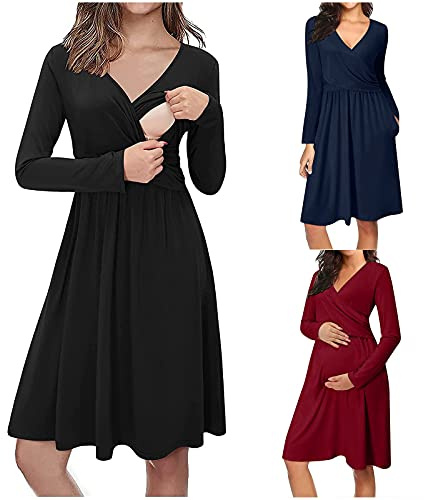 Vestito da allattamento lungo da donna con tasca per l'allattamento al seno casual tinta unita abito premaman gravidanza inverno collant (blu navy, M)