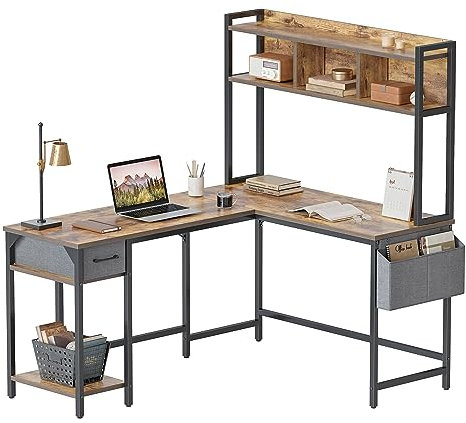 CubiCubi Schreibtisch L Form 148x120cm, Eckschreibtisch mit Schubladen, Regal und Seitentaschen, Computertisch für Homeoffice und Gaming, Vintagebraun