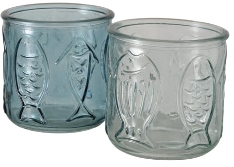 4 STK Windlichter Glas Fisch 9x8cm Weiss blau Fische b160 Kommunion Konfirmation Taufe Hochzeit maritim Kerzenhalter Teelichthalter Dekofisch Fischglas Fisch Windlicht