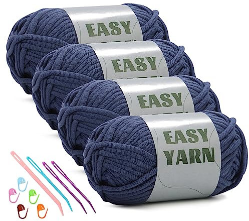 4x50g Chunky Yarn for Crochet, Crochet Yarn Easy Yarn Thick Yarns for Crochets with Easy-to-See Stitches, Stitch Markers, Easy Crochet Starter Kit for Beginners- Cowboy Blue