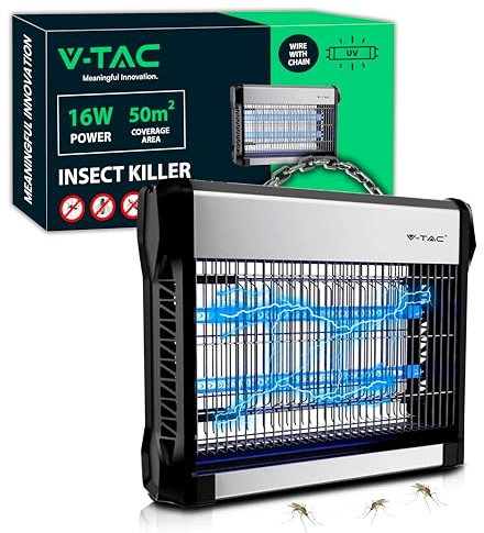 V-TAC Zanzariera Elettrica 16W con Area di Azione 50 m² - Design Sottile - Zanzariera con Luce Blu UV per Uso Interno ed Esterno - Trappola Elettrica contro Zanzare e Insetti - Potenza 16W