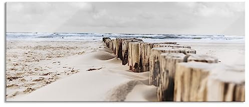 Pixxprint Glasbild Panorama, Wandbild aus Echtglas, Nahaufnahme Steg aus Holzpföcken am Meer B&W Detail, 120x50 cm, inkl. Aufhängung und Abstandshalter