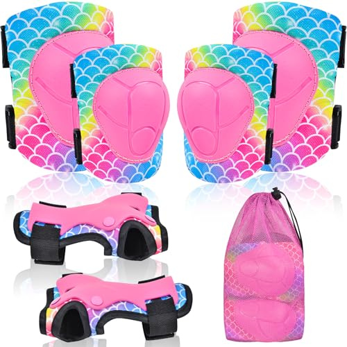 Knee Pads for Kids Adjustable Protective Gear Set with Mesh Bag Knee Pads and Elbow Pads Wrist Guard for Girls Kids Roller Skates Cycling Skateboard Scooter, 3-8 Years (Pink Mermaid)