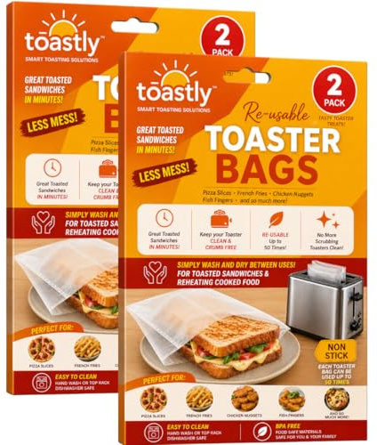 Reusable Toaster Bags 4 Pack, Non-Stick Sandwich Toastie Bags 16 x 18cm | BPA-free heat-resistant toaster bags for toasties, grilled cheese, sandwiches, pizza and snacks, reusable and easy to clean