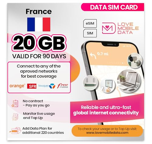 Love Mobile Data Only Sim Card - International Multi-Network 4G/5G Prepaid Pay As You Go Data Sim for Mobile Phones, WiFi Routers, & More, UK (O2, Three & Vodafone) & France - 20GB for 3 Months