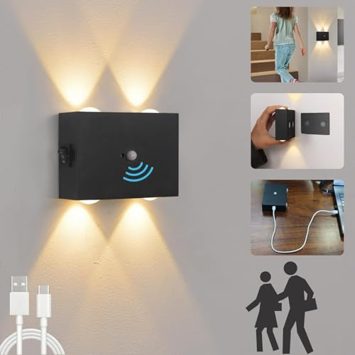 VOMI Lampada da Parete a Batteria Ricaricabile con Sensore di Movimento, LED Applique da Interno Senza Fili Batteria 4000mAh con Controllo Tocco, Moderno Magnetica Lampada da Corridoio/Salotto