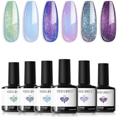Modelones Gel Nail Polish 6 Colors Aurora Shimmer Glitter Gel Nail Polish Set Blue Purple Chameleon Gel Polish Soak Off Green Nail Gel Nail Art DIY Manicure Salon and Home for Women