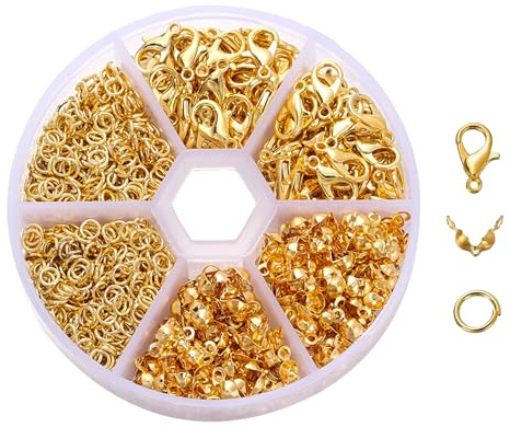 370 Stück Armband Verschluss Set, Verschlüsse Für Armbänder | Kettenverschluss, Schlüsselanhänger, Karabinerverschluss und Biegeringe und Crimpenden, für Halsketten Armband DIY(Gold)