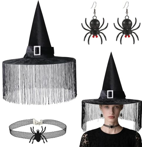 Schwarzer Hexenhut mit Gothic Zubehör Set - Quasten-Designs Halloween Hexenhut Damen mit Spinnen Halskette Ohrringe,Hexen Hut Frauen Kostümzubehör Hexen Accessoires Erwachsene Fasching Party