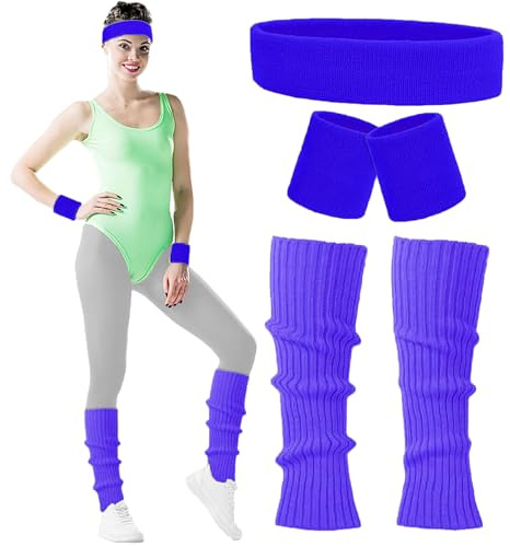 Carnavalife 80er-Jahre-Kostüm für Damen, für Erwachsene, mit Haarband + Handgelenkschoner + Beinwärmer, Neon-Gym, Zubehör der 80er-Jahre, Sportbänder 80S