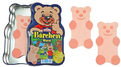 Tanner - Der kleine Kaufmann DEKO – Reinert Bärchen Wurst aus Holz in Bärchen-Metalldose (Abmessung 8 x 4,5 x 0,4 cm, Material Metall + FSC-zertifiziertes Holz) 0617.9