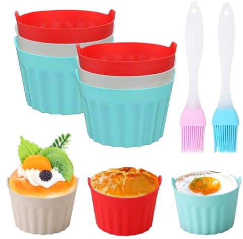 6 Stück Silikon Muffinförmchen Airfryer 9x5.5cm Wiederverwendbare,BPA-frei | Muffinform Backformen, Muffinform Heißluftfritteuse mit 2 Silikonölpinsel Backförmchen für Kuchen,Eincreme und Pudding