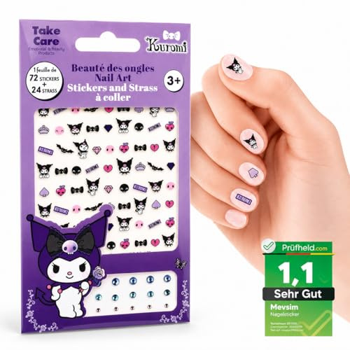 [ Test SEHR GUT, Note 1.1 *] Kuromi Nagelsticker Kinder – Selbstklebend Nagelaufkleber für Mädchen – 72 Sticker + 24 Strass – Nagellack Kinder Nail Art Deko – Ungiftig & Leicht zu Entfernen