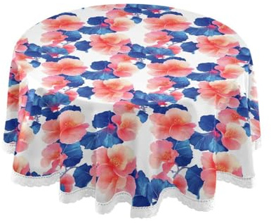 miaozhen Cartoon Begonia White Circular Fabric Table Cloth 60 Inch Long Washable Polyester Lace Edge, Circular Table mat Protective Film for Comedor Comedor Wedding