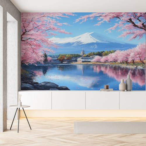 Gaqinhh Petite Ville Schneeberg Papier Peint Imperméable Paysage Fluvial Cerisiers Fleurs Papier Peint Panoramique 3D Bleu Salon Canapé Chambre Fond Décoration Murale 300 x 210 cm (L x H)