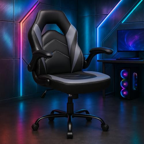 DUMOS Gaming Stuhl - Ergonomischer Gaming Sessel, Verstellbarer Drehbarer Gamingstuhl aus PU-Leder mit klappbaren Armlehnen, Geeignet für Zuhause, Büros usw(Schwarz-Grau)