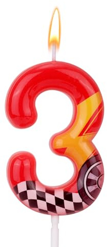 Vela Cumpleaños con Temática Coches Carreras, Vela Roja con Número Rayo Ideal Como Adorno para Tartas y Decoración para Cumpleaños Aniversarios y Fiestas Temáticas(Número 3)