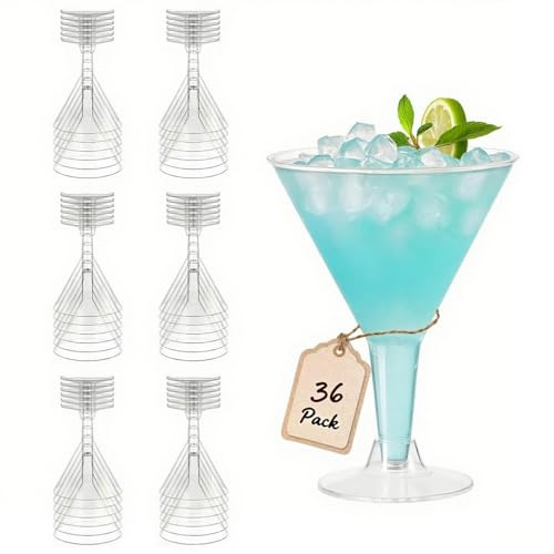 Ginikoe Plastic Martini Glasses Reusable 36 Pack, 210 ml Bulk Clear Plastic Martini Cocktail Cups, Shatterproof for Party, Wedding, Drinking, Desserts, Appetizers, Pool Events, with Detachable Stem