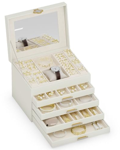 ADEL DREAM Joyero de 5 niveles con botón de trébol, almacenamiento de joyas con bandeja extraíble, organizador de joyas con espejo grande, compartimentos ajustables para manualidades, para madres y