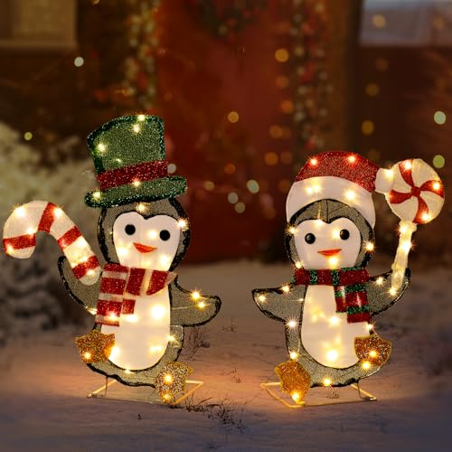 Outopee 2pcs Lighted Christmas Penguin Set Decorations with 80 LED Lights