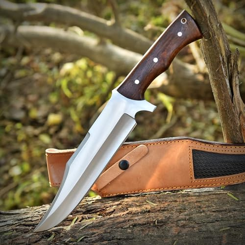 TATLA CRAFT Handmade D2 Steel 14 Inches Full Tang Bowie Camping Knife with leather sheath, Hunting knife with Wood Handle and steel Guard Ideal for Bushcraft, Camping, Survival, Hunting & outdoor use