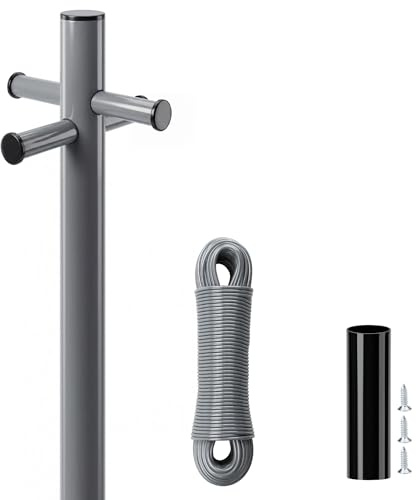 2.4M Heavy Duty Washing Line Post, Galvanised Clothes Drying Post with Ground Socket and 30M PVC Line, Weather-Resistant & Sturdy, Large Washing Line Post for Outdoor Garden Use - Grey, Pack of 1